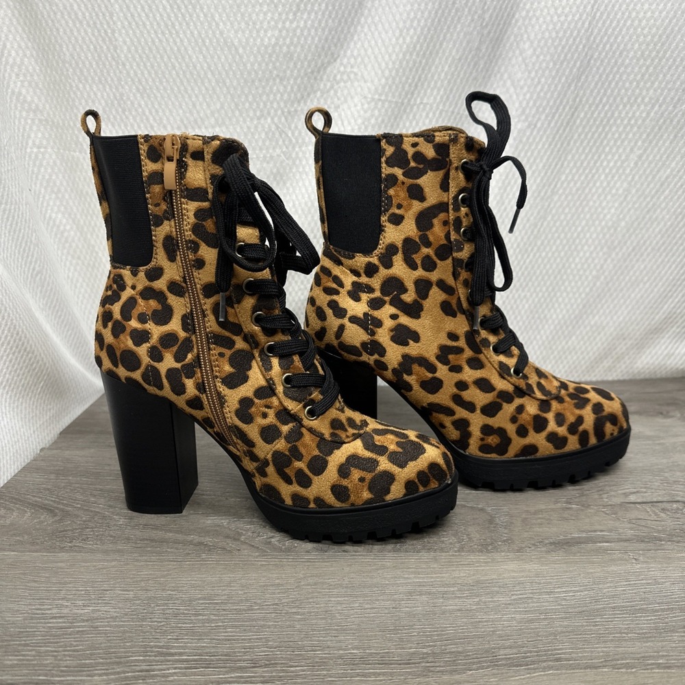 Leopard Ankle Boots Womens Size 8 Brown New Platform Block Heel Lug Sole‎ chunky
